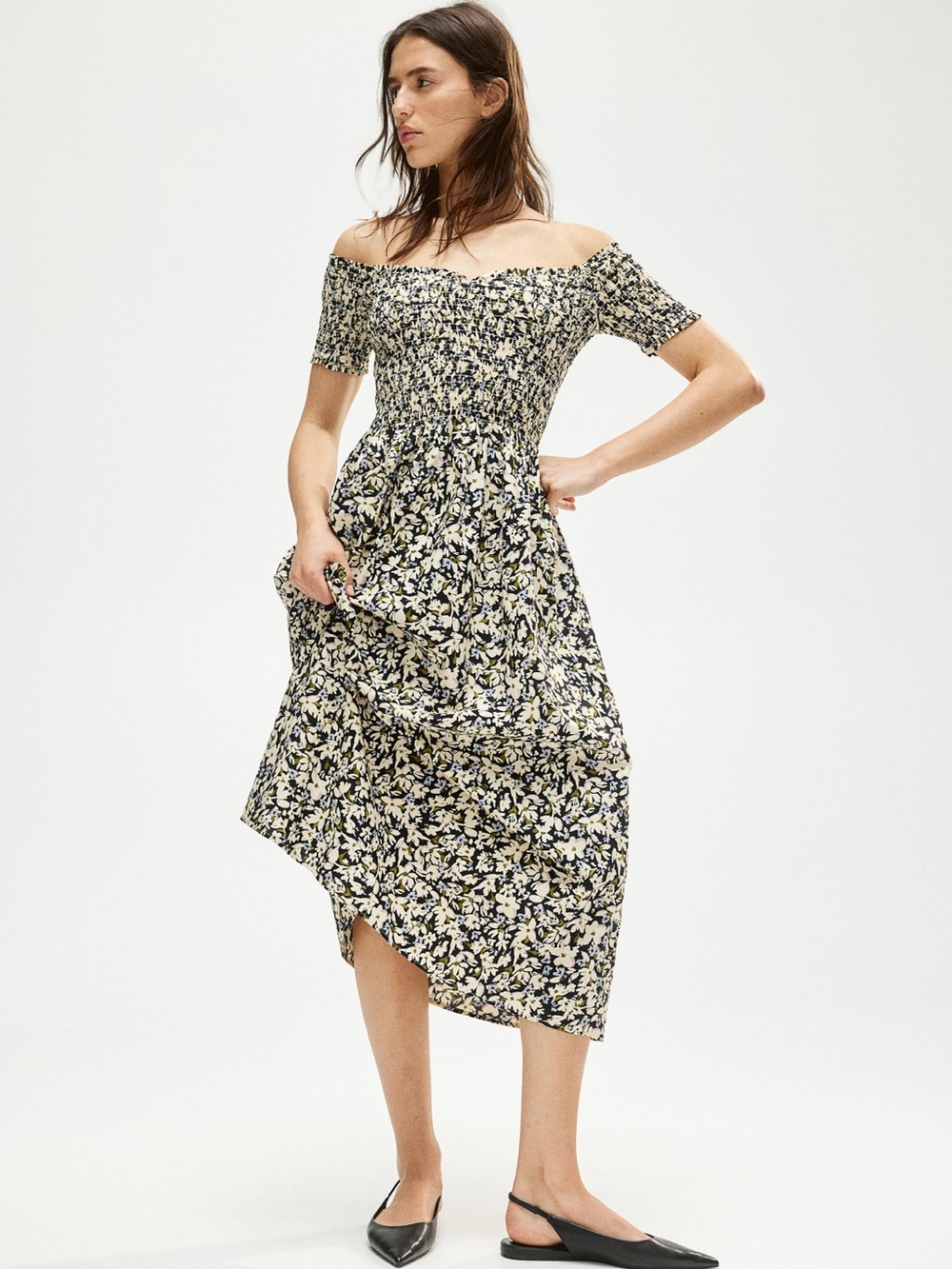 SMOCKED OFF-THE-SHOULDER DRESS